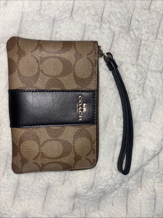 Coach Handbags - Coach Brown Signature Canvas Wristlet with Black Leather Band